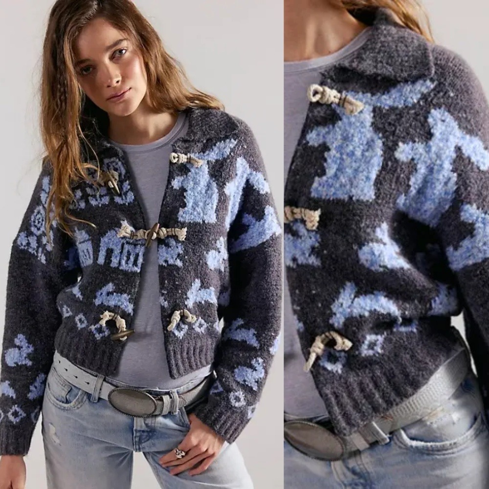 Free People Home Sweet Home Cardi Cardigan Sweater Small Grey Blue Bunny Toggle